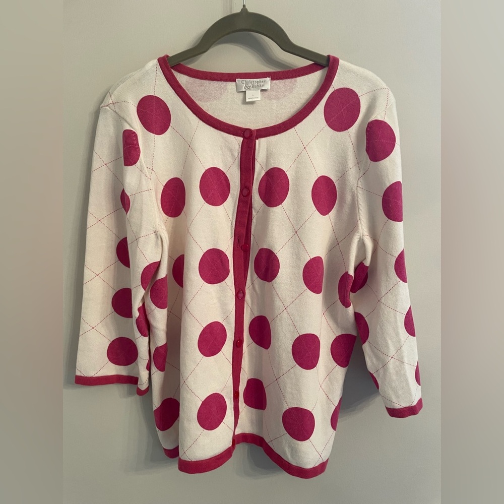 Christopher & Banks Vintage Magenta and Cream Polka Dot Cardigan Sweater. Size L
